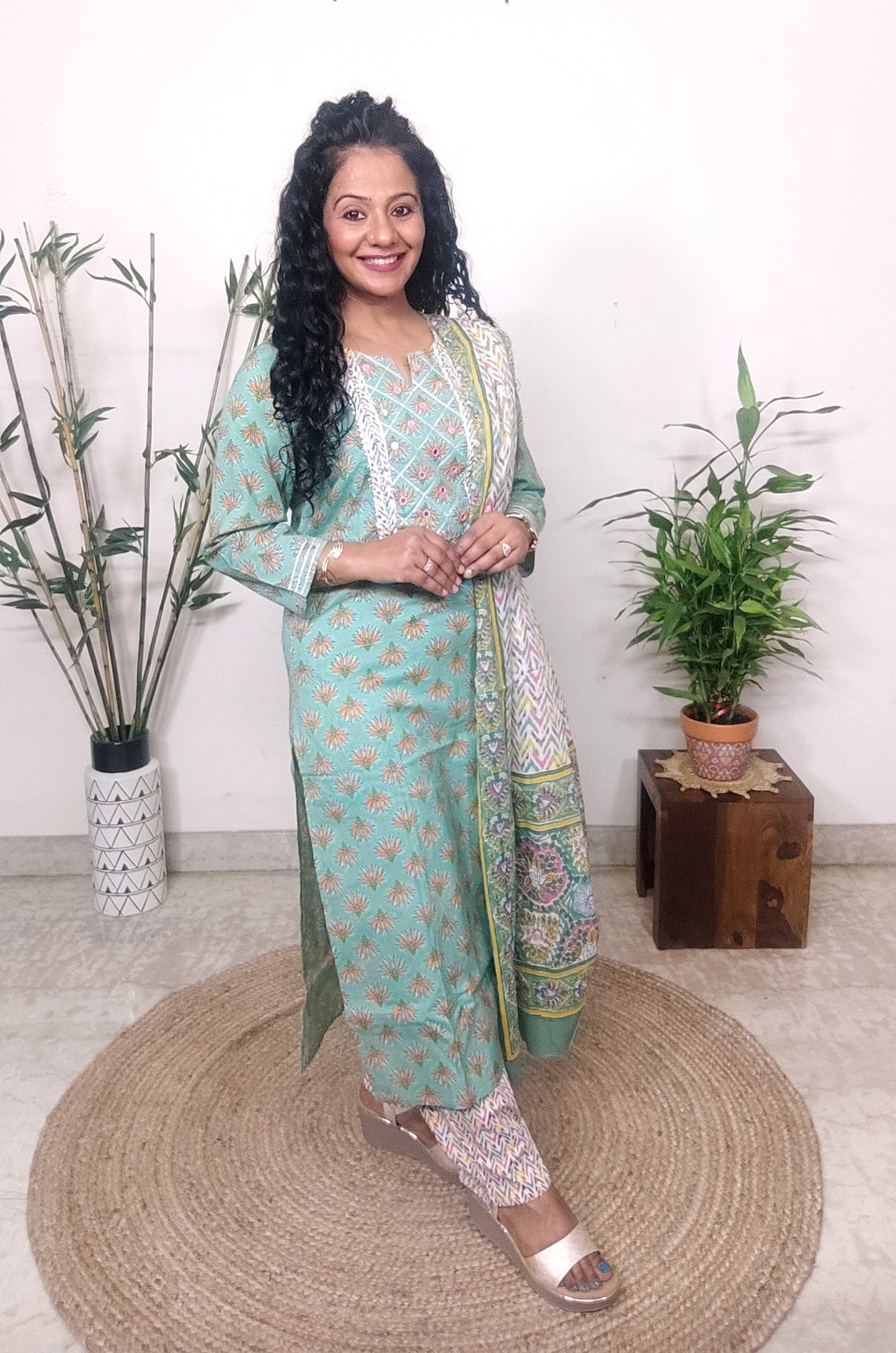 Sea Green Floral Printed Kurta