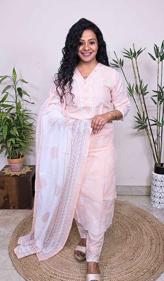 EthnixThread cotton peach embroidered fancy readymade suit sets