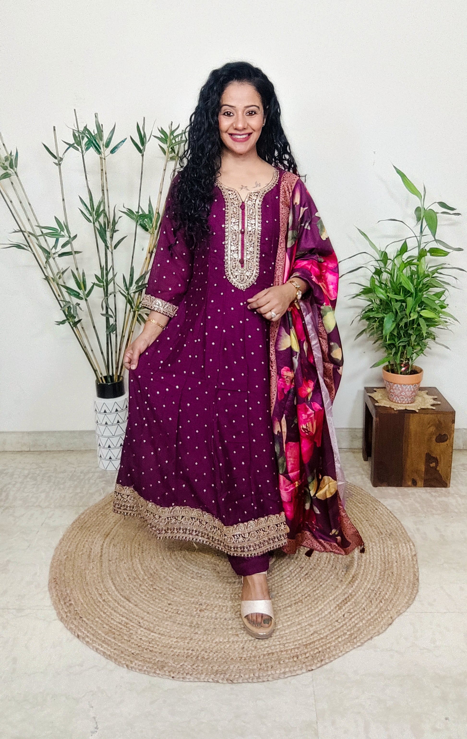 Wine Anarkali Suit Set 