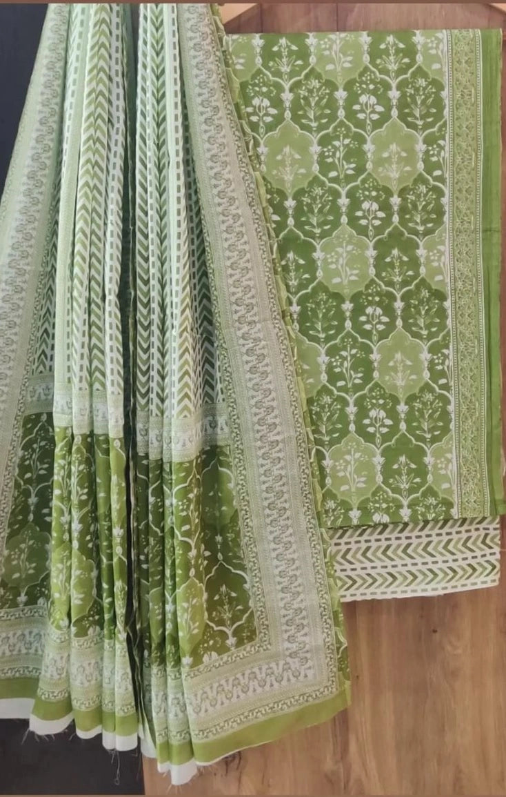 Jaipuri Cotton Green Dress Material with Mul Cotton Dupatta – EthnixThread