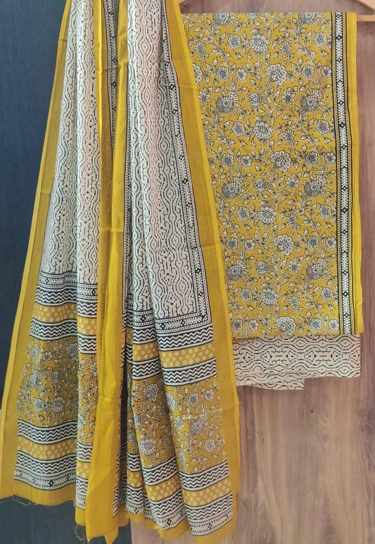 Jaipuri Cotton Yellow Dress Material with Mul Cotton Dupatta – EthnixThread