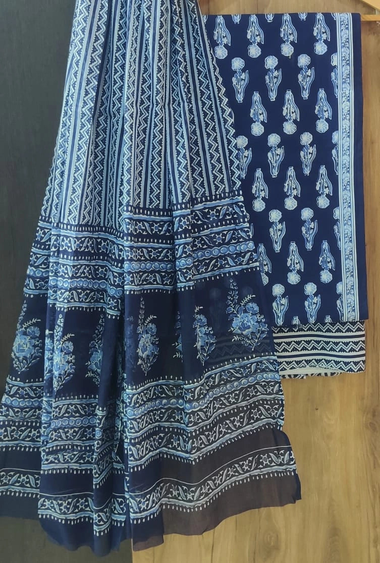 Jaipuri Cotton Blue Dress Material with Mul Cotton Dupatta – EthnixThread