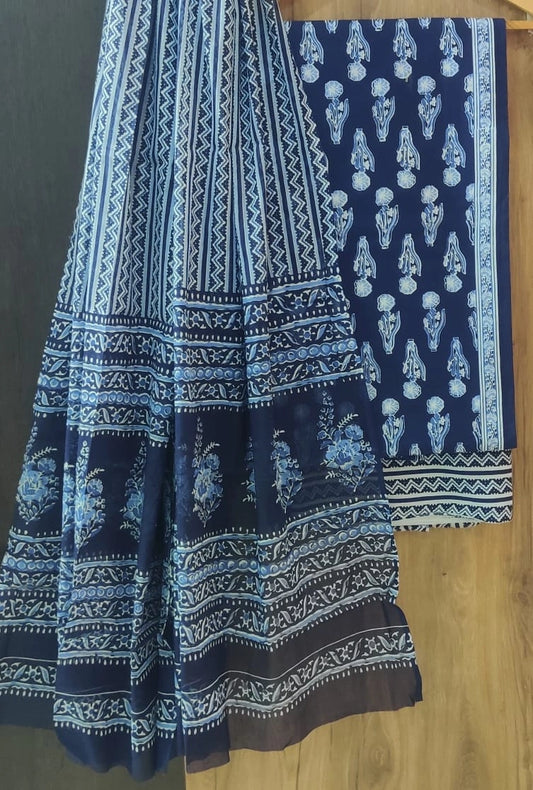 Jaipuri Cotton Blue Dress Material with Mul Cotton Dupatta – EthnixThread