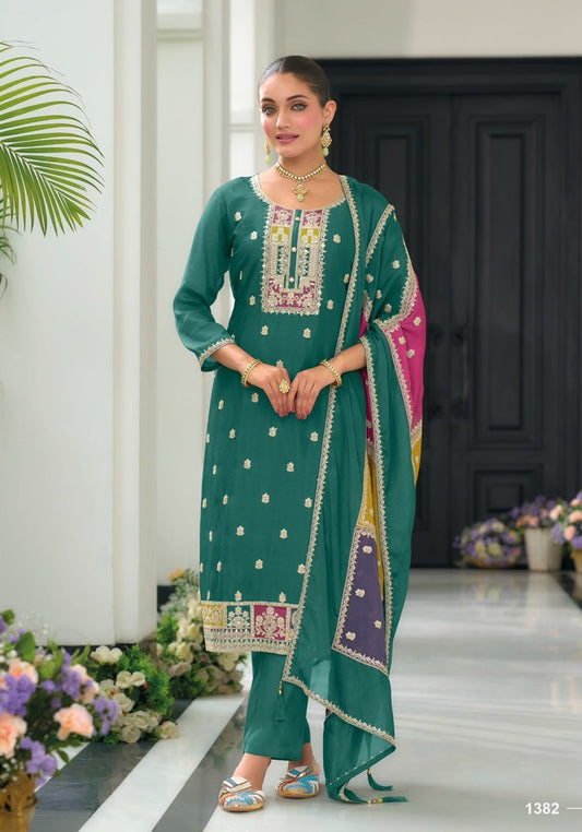 Elegant Heavy Embroidered Party Wear Green Readymade Silk Suit – EthnixThread