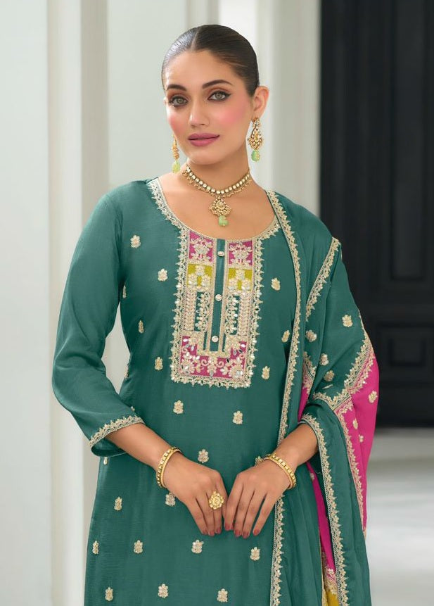 Elegant Heavy Embroidered Party Wear Green Readymade Silk Suit – EthnixThread