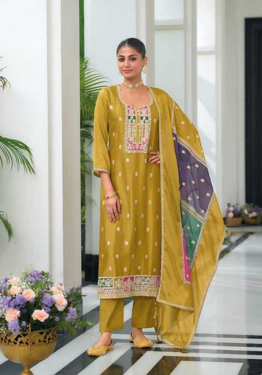 Elegant Heavy Embroidered Party Wear Yellow Readymade Silk Suit – EthnixThread