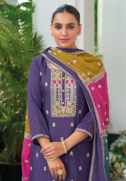 Elegant Heavy Embroidered Party Wear Purple Readymade Silk Suit – EthnixThread