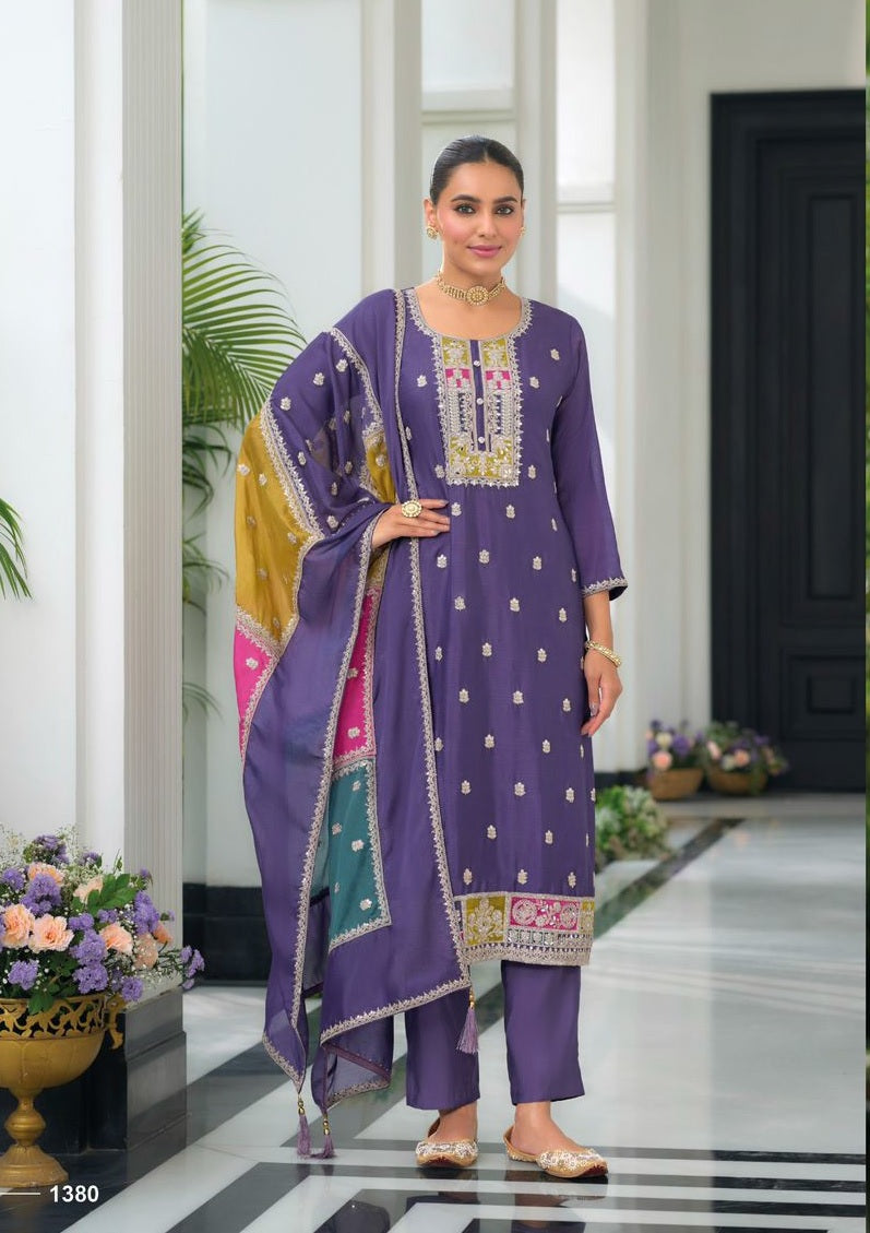 Elegant Heavy Embroidered Party Wear Purple Readymade Silk Suit – EthnixThread