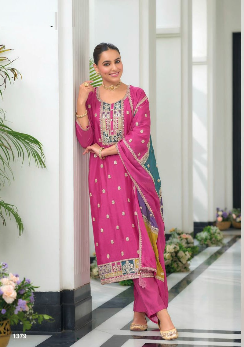 Elegant Heavy Embroidered Party Wear Pink Readymade Silk Suit – EthnixThread