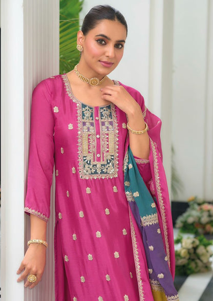 Elegant Heavy Embroidered Party Wear Pink Readymade Silk Suit – EthnixThread