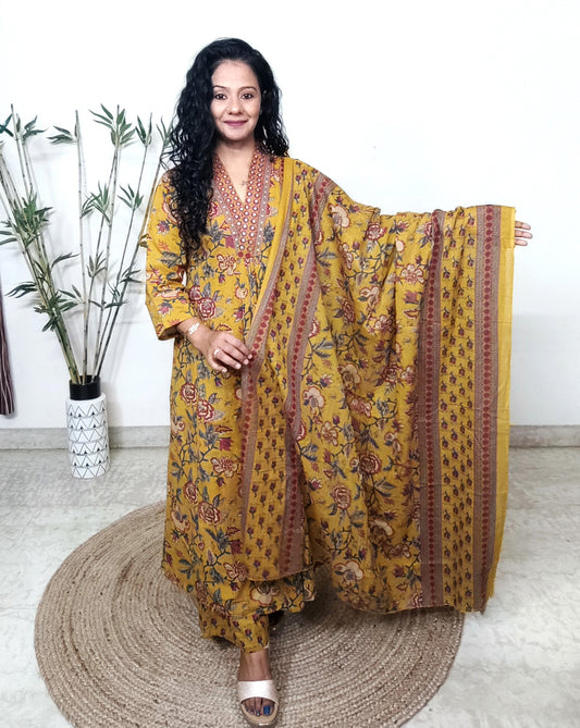 EthnixThread Jaipuri Printed yellow Cotton A-Line Embroidered Readymade Suit Sets