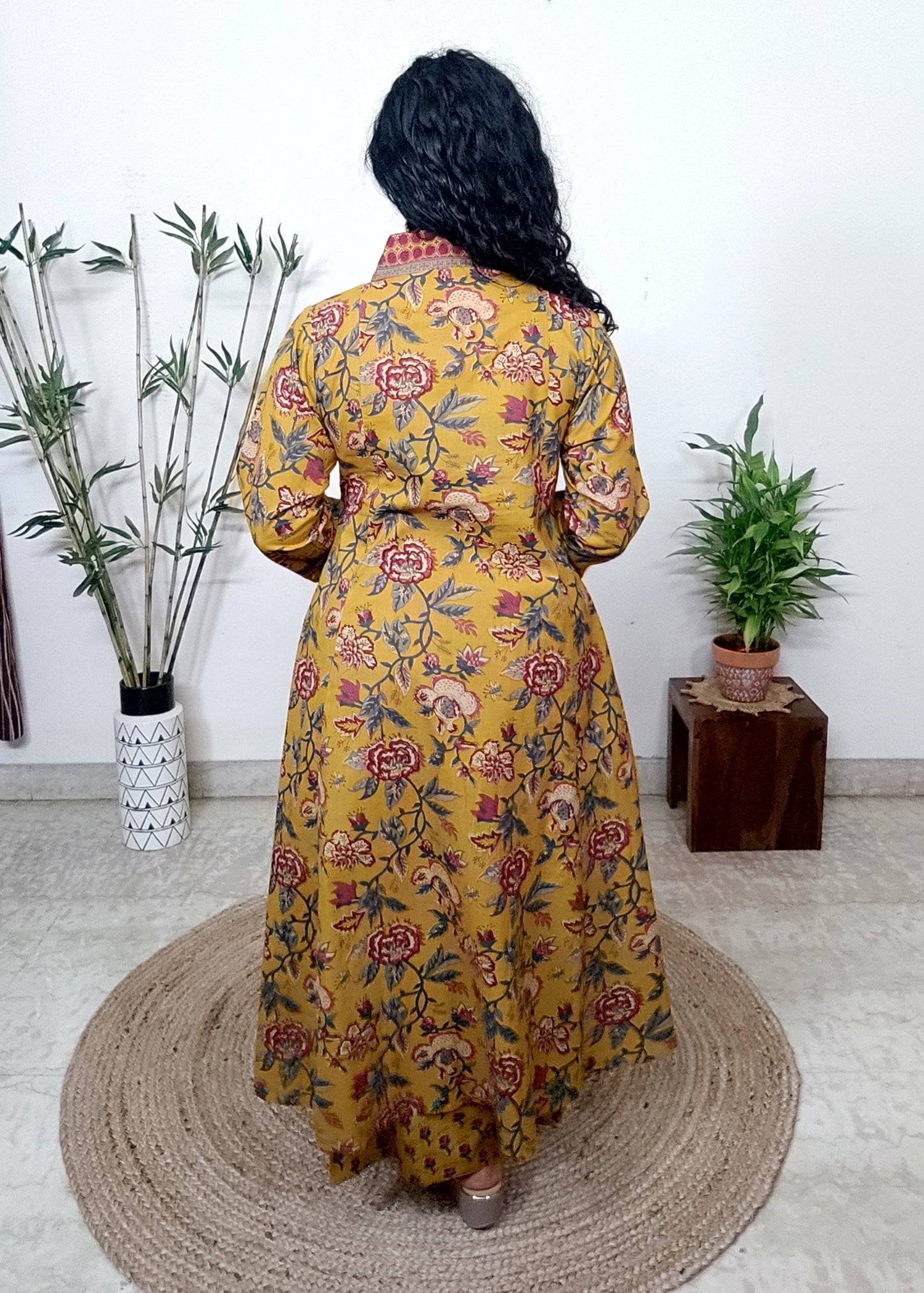 EthnixThread Jaipuri Printed yellow Cotton A-Line Embroidered Readymade Suit Sets