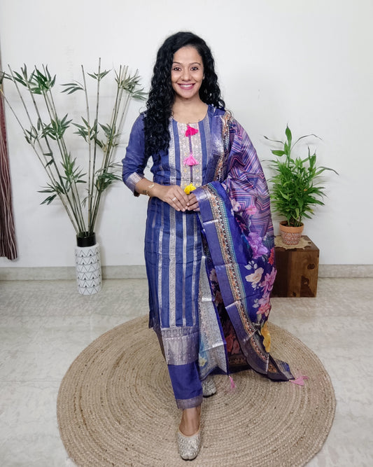Blue suits paired with organza silk dupatta
