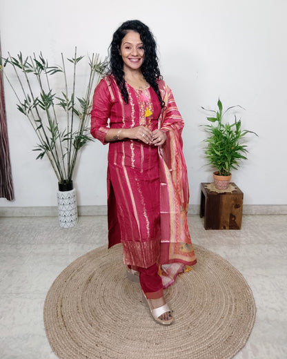 EthnixThread silk party wear readymade Maroon suits paired with organza silk dupatta