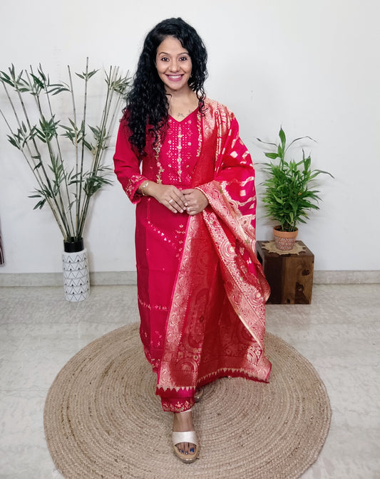 viscose silk suit set with banarsi dupatta
