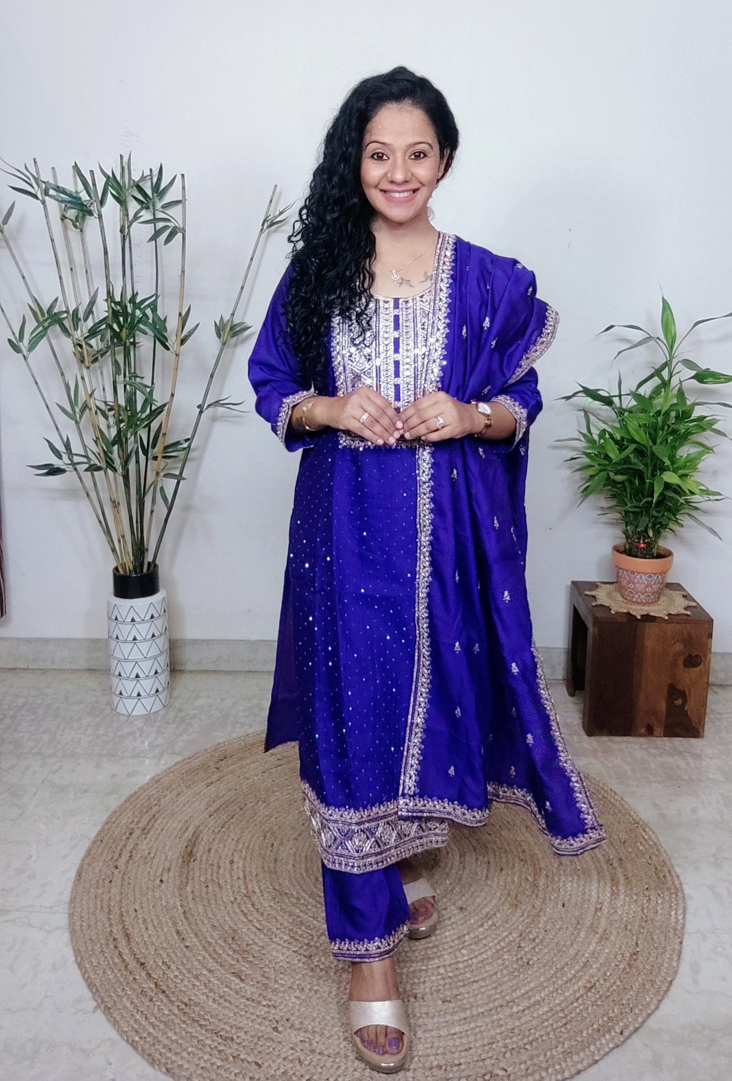 party wear purple embroidered silk suit set