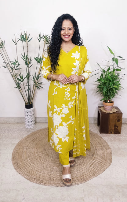 EthnixThread Contemporary Cotton Printed Suit Set with Hand Work & Mul Cotton Dupatta