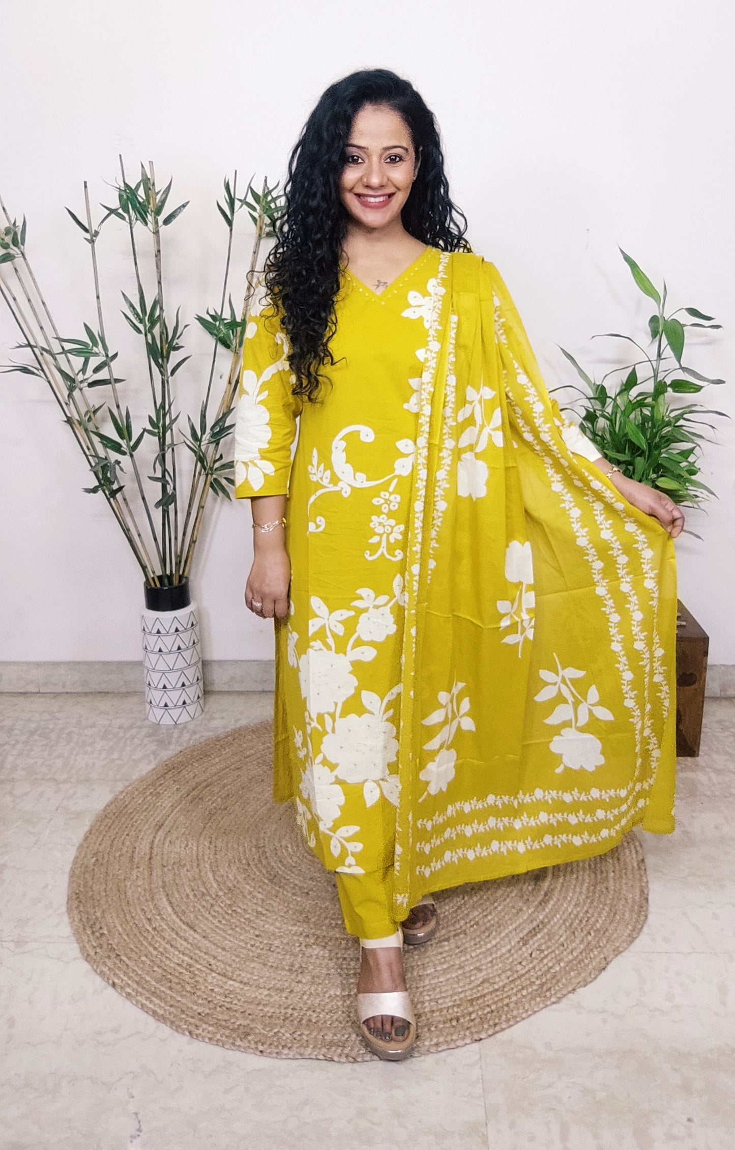 EthnixThread Contemporary Cotton Printed Suit Set with Hand Work & Mul Cotton Dupatta
