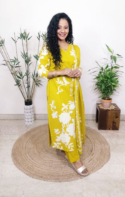 EthnixThread Contemporary Cotton Printed Suit Set with Hand Work & Mul Cotton Dupatta