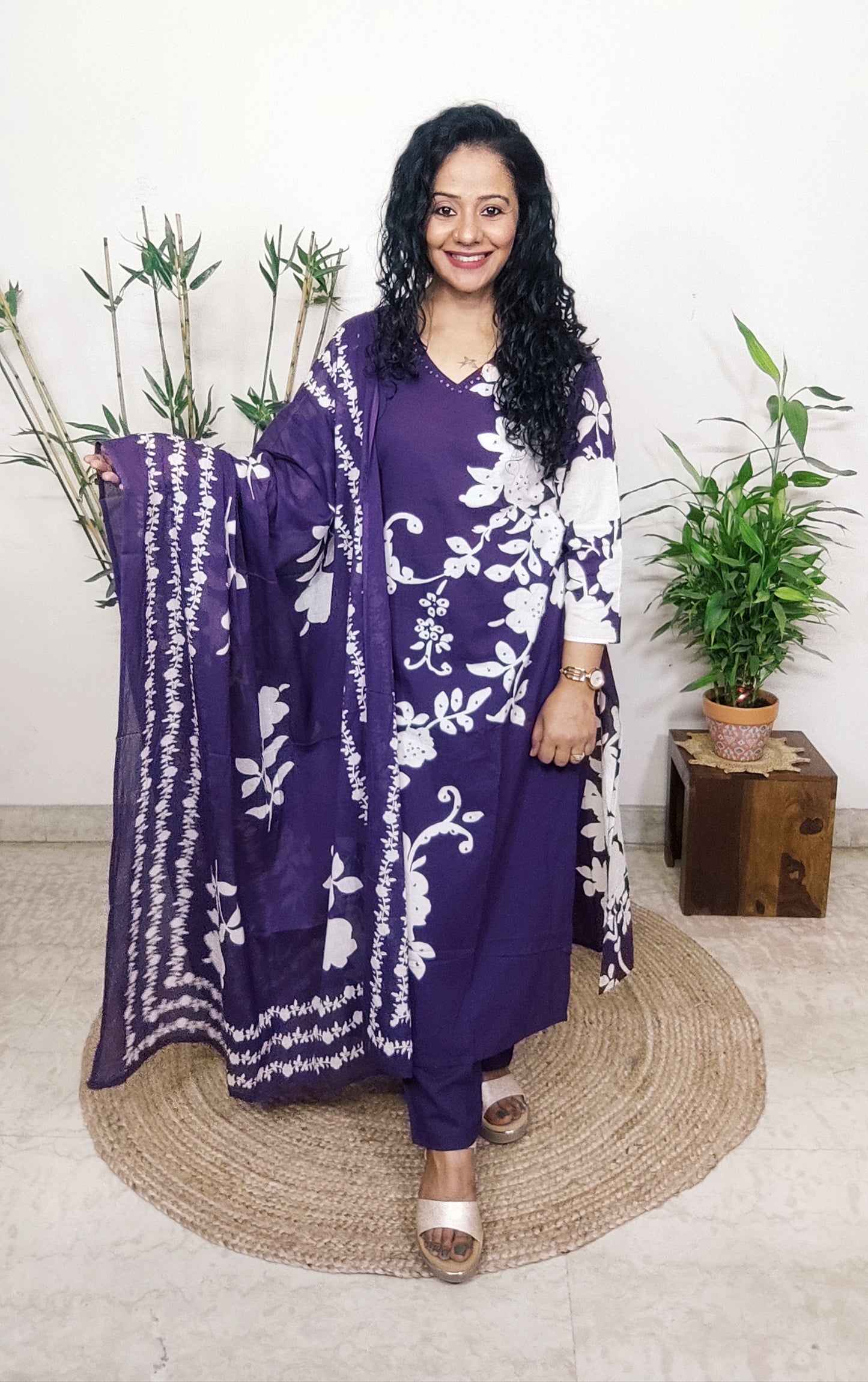EthnixThread Contemporary Cotton Printed Suit Set with Hand Work & Mul Cotton Dupatta