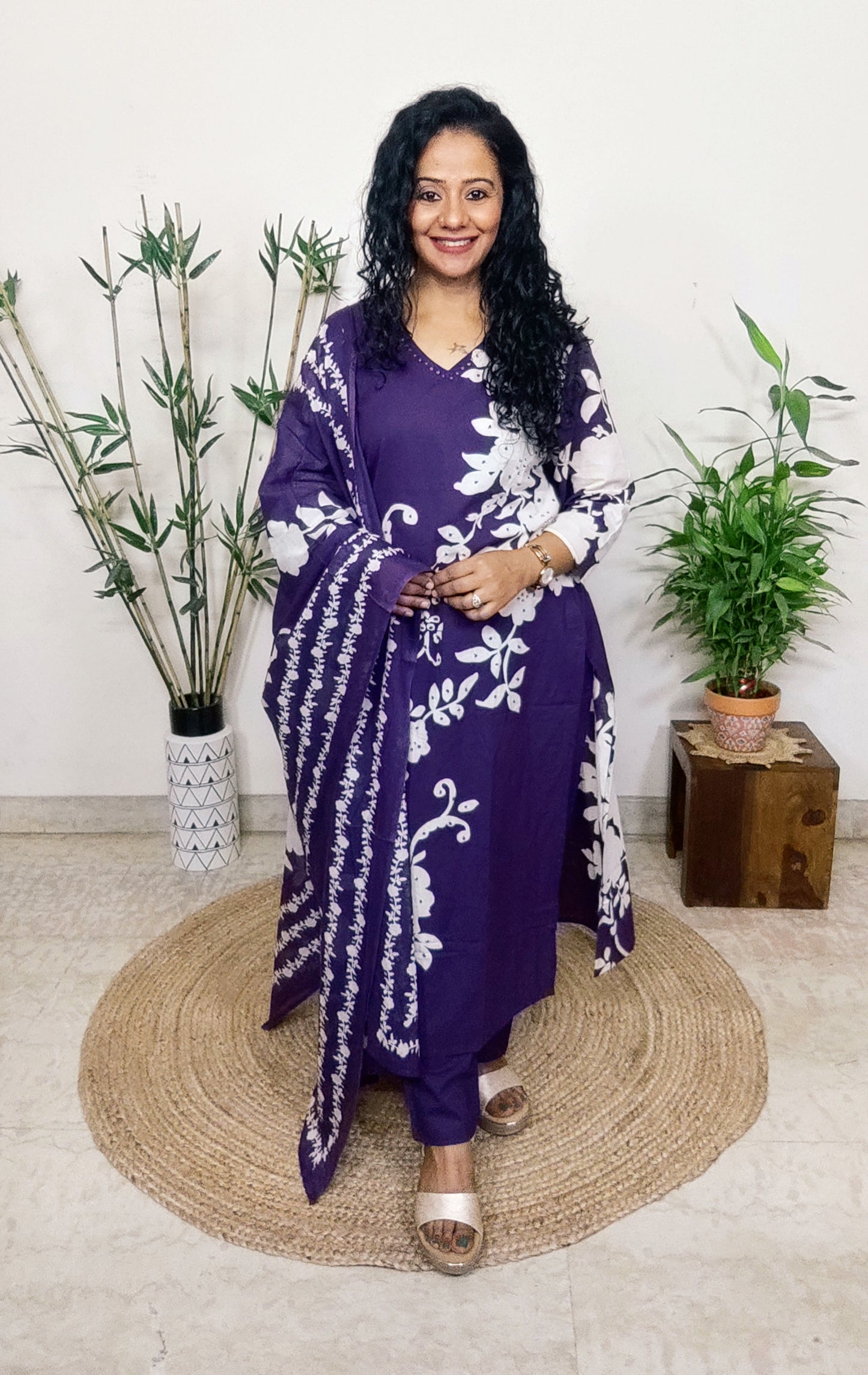 EthnixThread Contemporary Cotton Printed Suit Set with Hand Work & Mul Cotton Dupatta