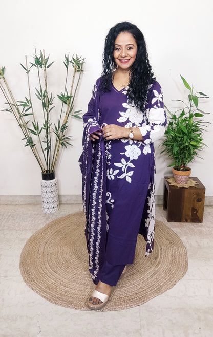 EthnixThread Contemporary Cotton Printed Suit Set with Hand Work & Mul Cotton Dupatta