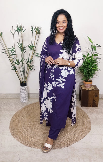 EthnixThread Contemporary Cotton Printed Suit Set with Hand Work & Mul Cotton Dupatta