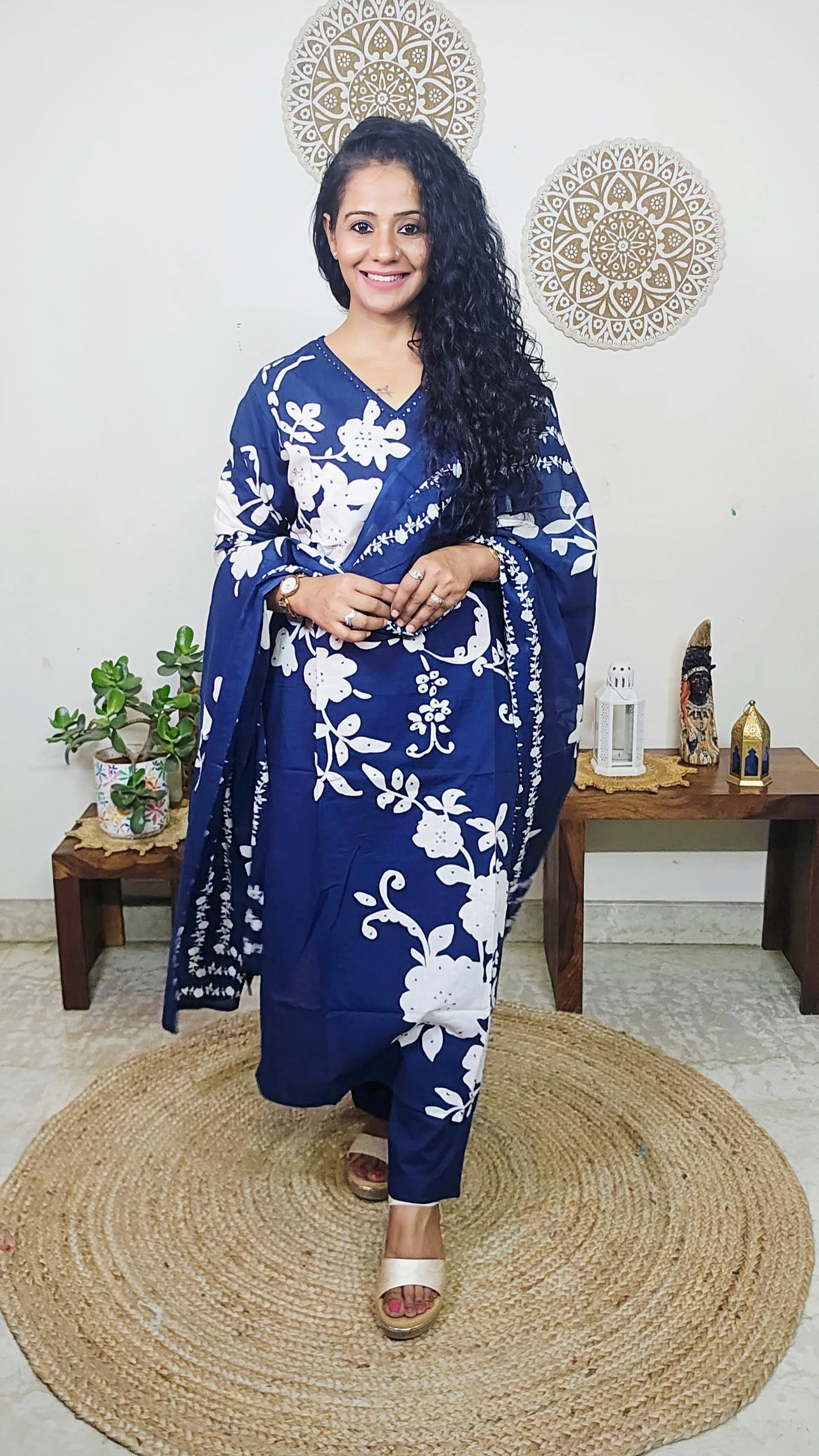 EthnixThread Contemporary Cotton Printed Suit Set with Hand Work & Mul Cotton Dupatta