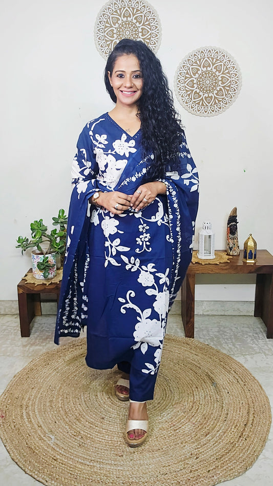 EthnixThread Contemporary Cotton Printed Suit Set with Hand Work & Mul Cotton Dupatta