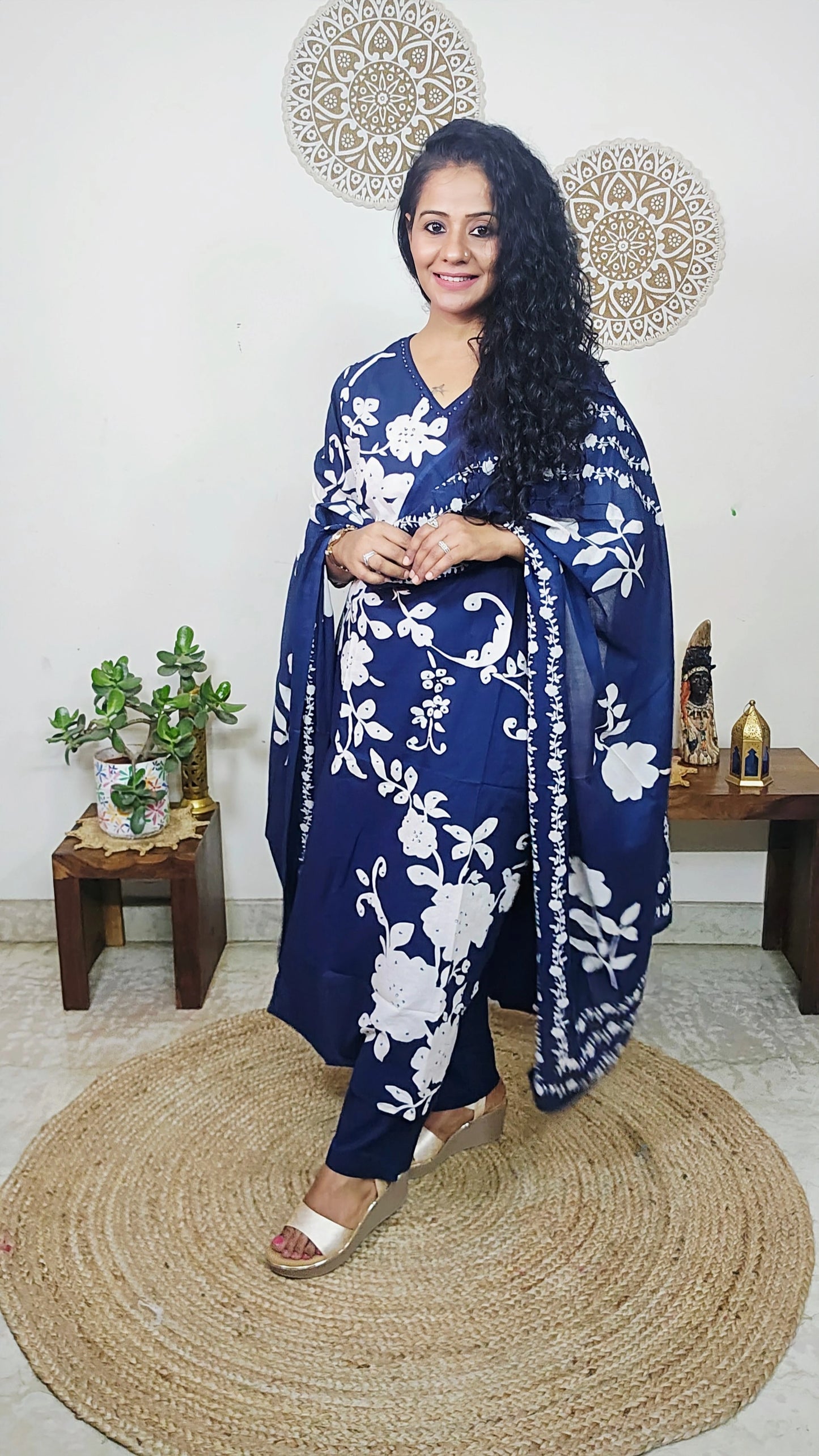 EthnixThread Contemporary Cotton Printed Suit Set with Hand Work & Mul Cotton Dupatta