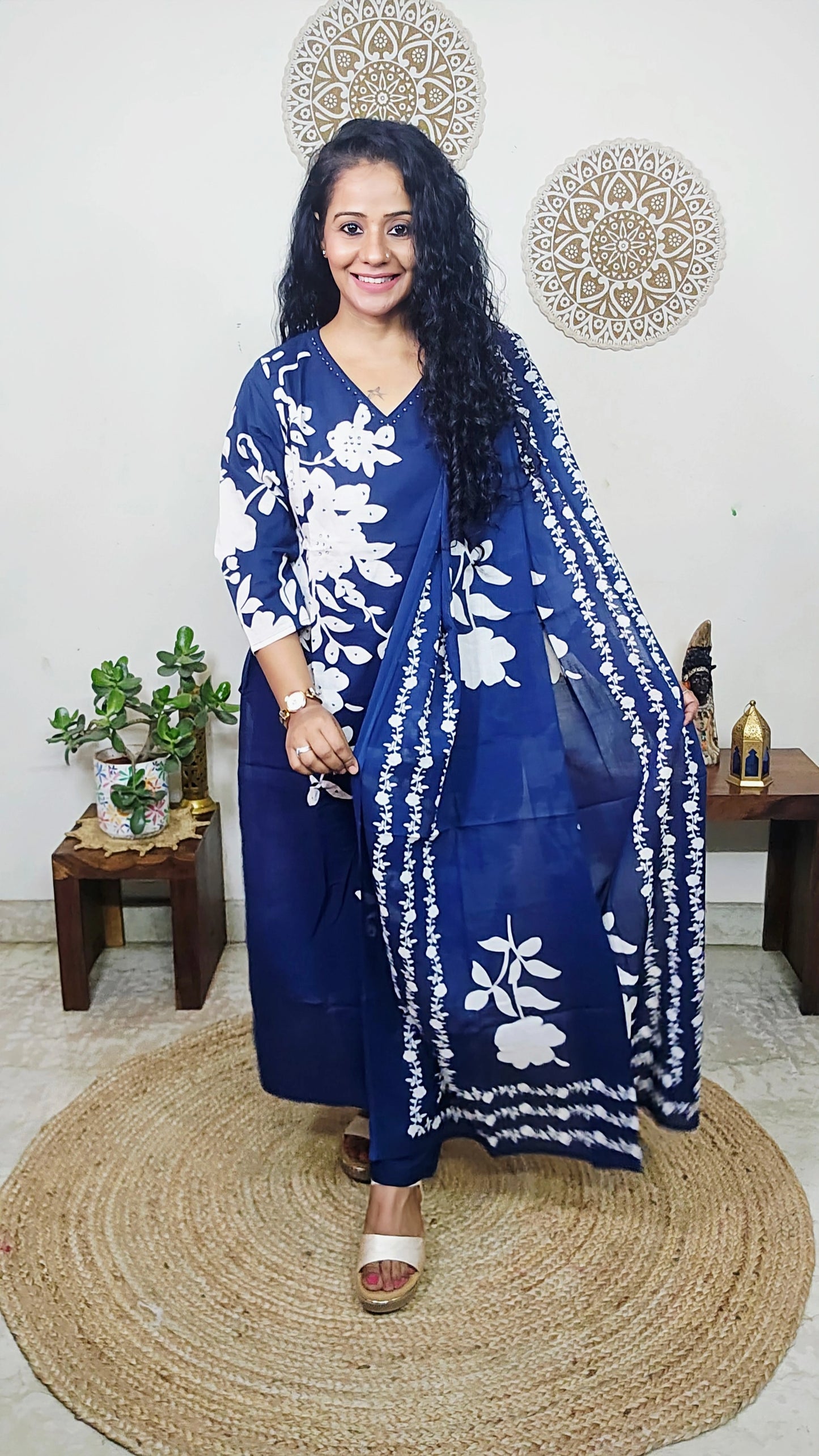 EthnixThread Contemporary Cotton Printed Suit Set with Hand Work & Mul Cotton Dupatta