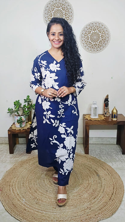 EthnixThread Contemporary Cotton Printed Suit Set with Hand Work & Mul Cotton Dupatta