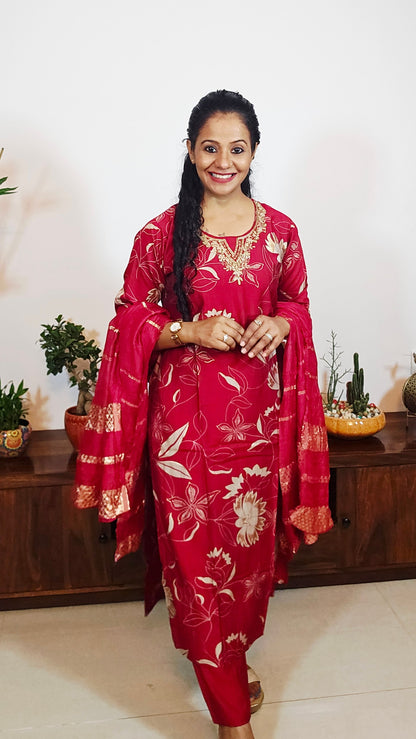 EthnixThread Premium Festive Wear Collection – Embroidered Red Suits with Designer Dupattas (M–2XL)