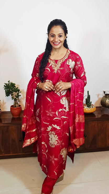 EthnixThread Premium Festive Wear Collection – Embroidered Red Suits with Designer Dupattas (M–2XL)