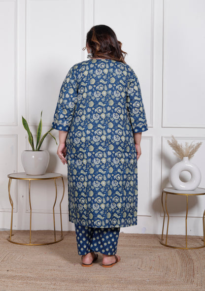 EthnixThread elegant Blue Straight-Fit Cotton Kurta Set in Plus Size