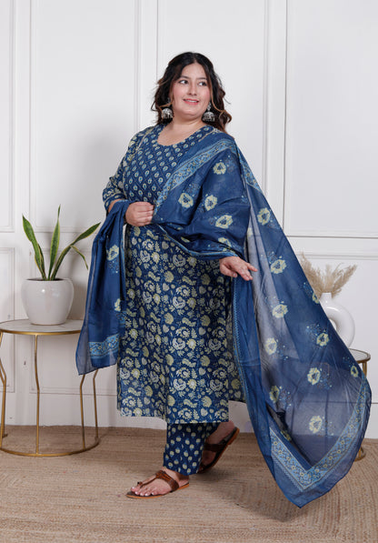 EthnixThread elegant Blue Straight-Fit Cotton Kurta Set in Plus Size