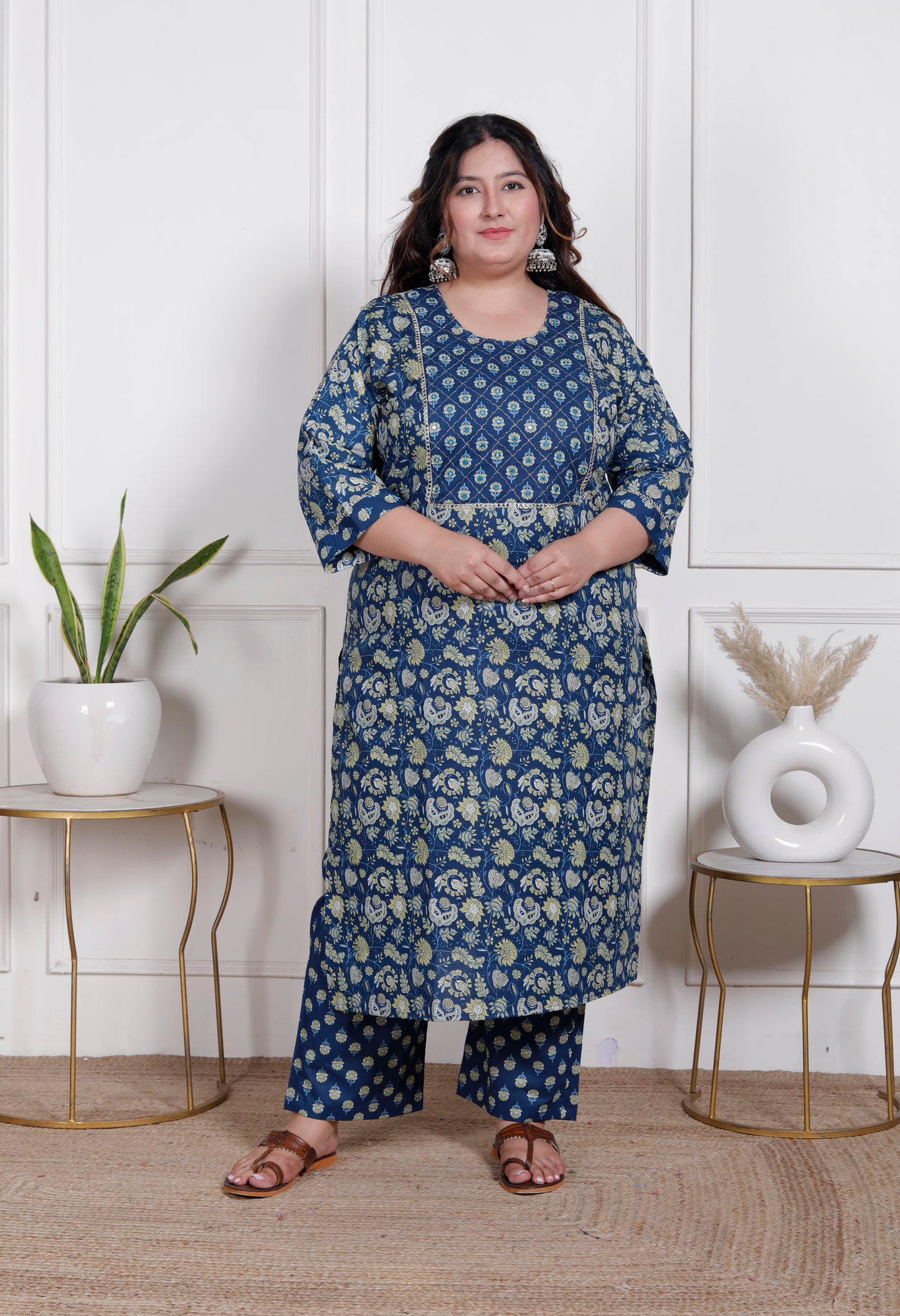 EthnixThread elegant Blue Straight-Fit Cotton Kurta Set in Plus Size