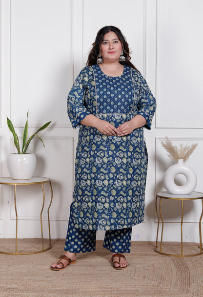EthnixThread elegant Blue Straight-Fit Cotton Kurta Set in Plus Size