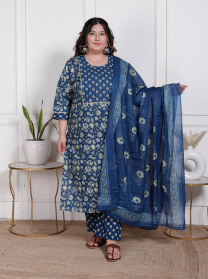 EthnixThread elegant Blue Straight-Fit Cotton Kurta Set in Plus Size