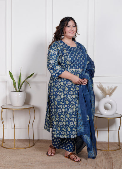 EthnixThread elegant Blue Straight-Fit Cotton Kurta Set in Plus Size