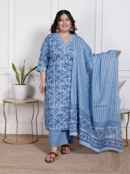 EthnixThread elegant light blue Straight-Fit Cotton Kurta Set in Plus Size