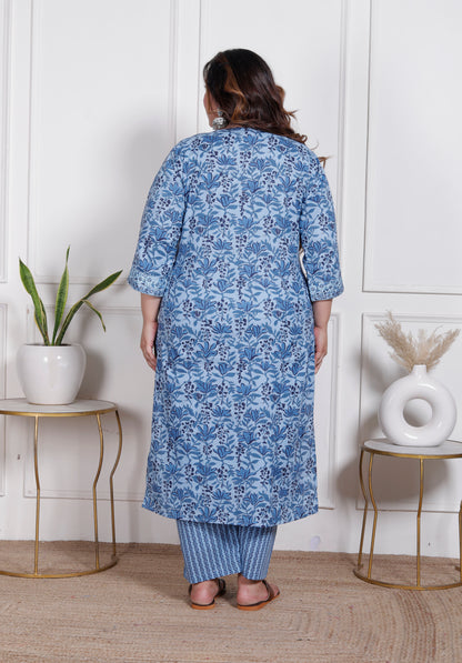 EthnixThread elegant light blue Straight-Fit Cotton Kurta Set in Plus Size