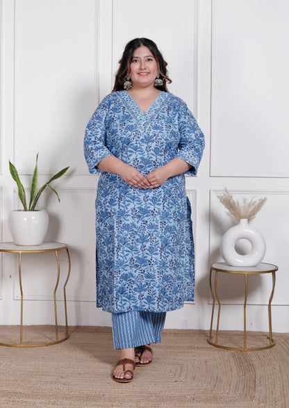 EthnixThread elegant light blue Straight-Fit Cotton Kurta Set in Plus Size