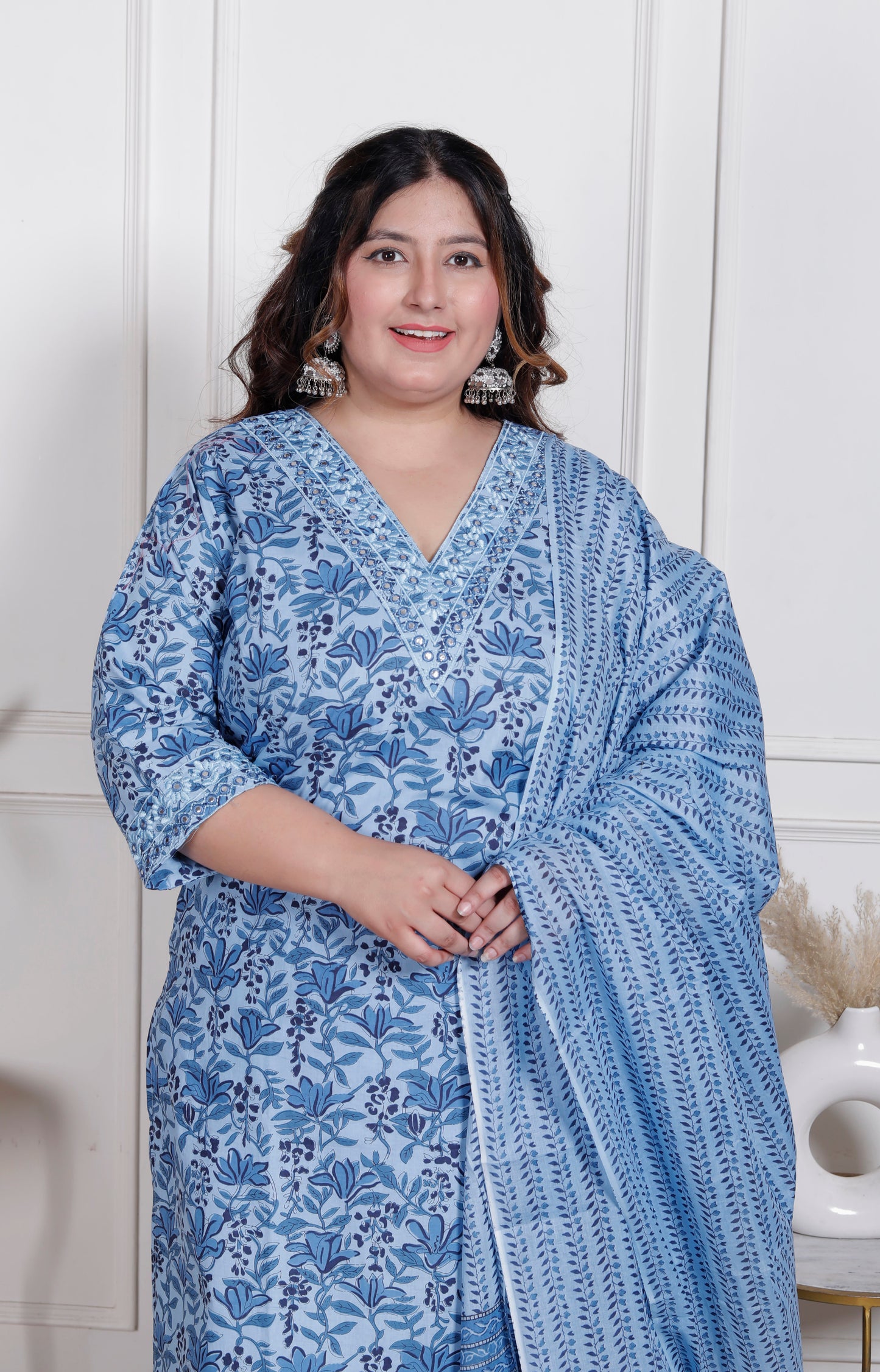 EthnixThread elegant light blue Straight-Fit Cotton Kurta Set in Plus Size
