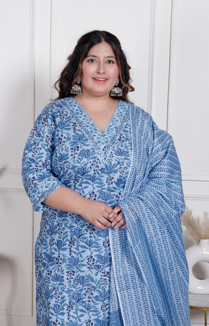 EthnixThread elegant light blue Straight-Fit Cotton Kurta Set in Plus Size