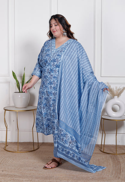 EthnixThread elegant light blue Straight-Fit Cotton Kurta Set in Plus Size