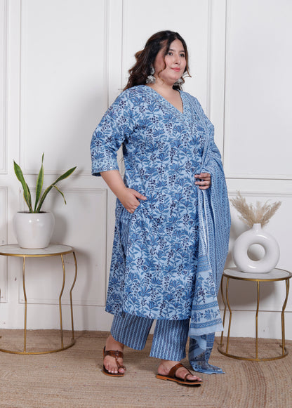 EthnixThread elegant light blue Straight-Fit Cotton Kurta Set in Plus Size
