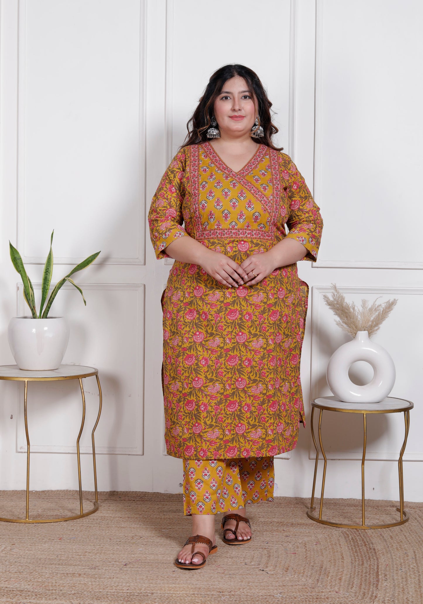 EthnixThread elegant Mustard Straight-Fit Cotton Kurta Set in Plus Size
