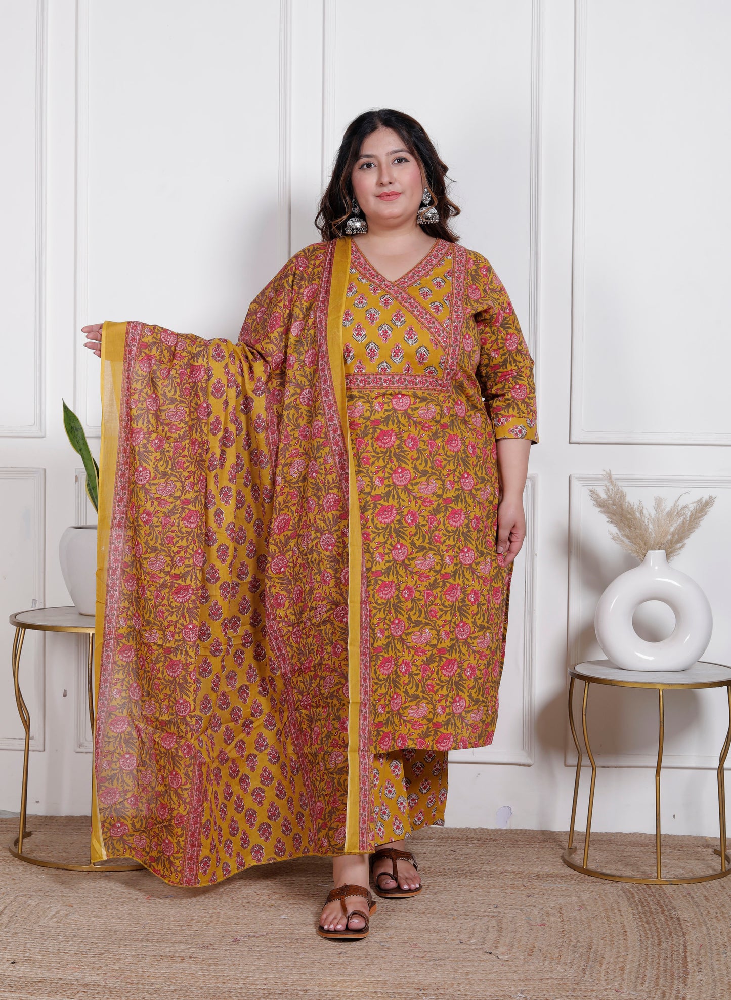 EthnixThread elegant Mustard Straight-Fit Cotton Kurta Set in Plus Size