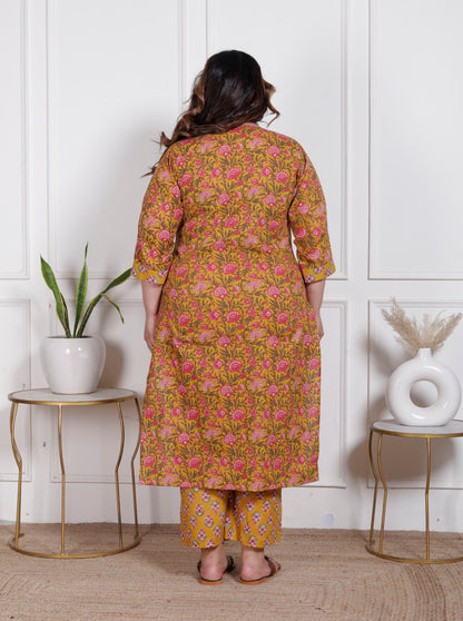 EthnixThread elegant Mustard Straight-Fit Cotton Kurta Set in Plus Size